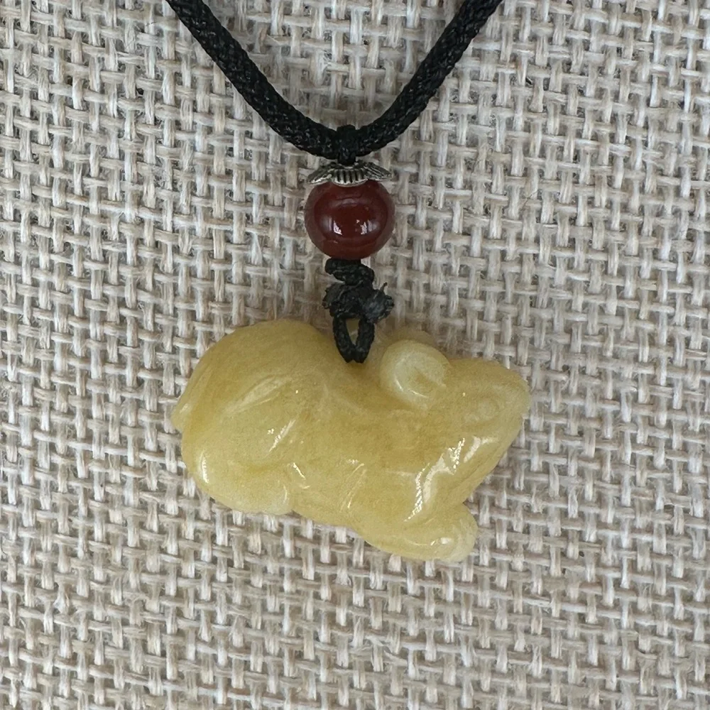 Yellow Jade Rat Carving Pendant Necklace on Black Adjustable Rope - Picture 5 of 16